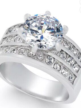 Silver Tone Crystal Triple Row Engagement Ring | Statement Solitaire Ring